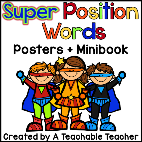 Super Position Words Posters and Minibook - Superhero Theme