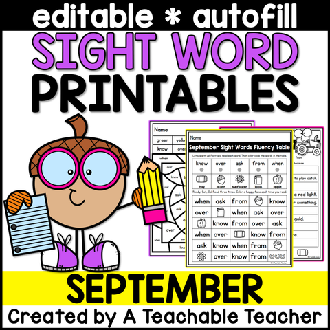 September Editable High Frequency Word Printables