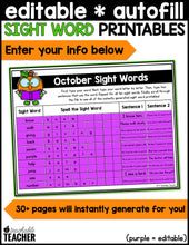Editable Sight Word Printables- October