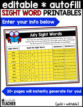 Editable Sight Word Printables- July