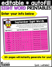Editable Sight Word Printables- September