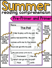 Summer Reading Comprehension - Pre-Primer and Primer - Kindergarten